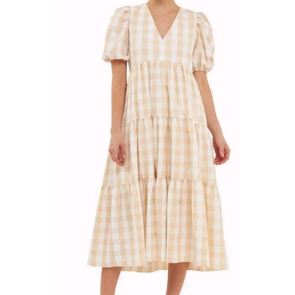 English Factory Tan And White Gingham Midi Dress Size Medium